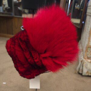 Red and Black Rex Rabbit Fur Headband with Fox Fur Front